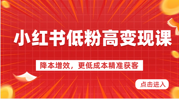 小红书低粉高变现课-降本增效，更低成本精准获客，小红书必爆的流量密码-来此网赚