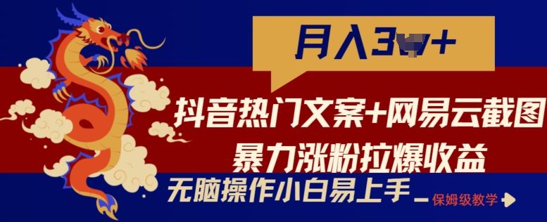 抖音热门文案+网易云截图暴力涨粉拉爆收益玩法，小白无脑操作，简单易上手【揭秘】-来此网赚