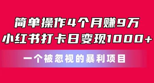 简单操作4个月赚9w，小红书打卡日变现1k，一个被忽视的暴力项目【揭秘】-来此网赚