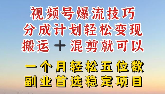 视频号爆流技巧，分成计划轻松变现，搬运 +混剪就可以，一个月轻松五位数稳定项目【揭秘】-来此网赚