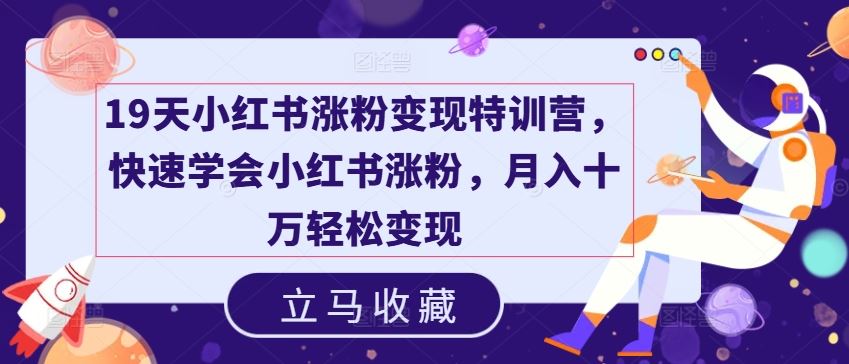 19天小红书涨粉变现特训营，快速学会小红书涨粉，月入十万轻松变现-来此网赚