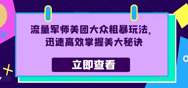 流量军师美团大众粗暴玩法，迅速高效掌握美大秘诀-来此网赚