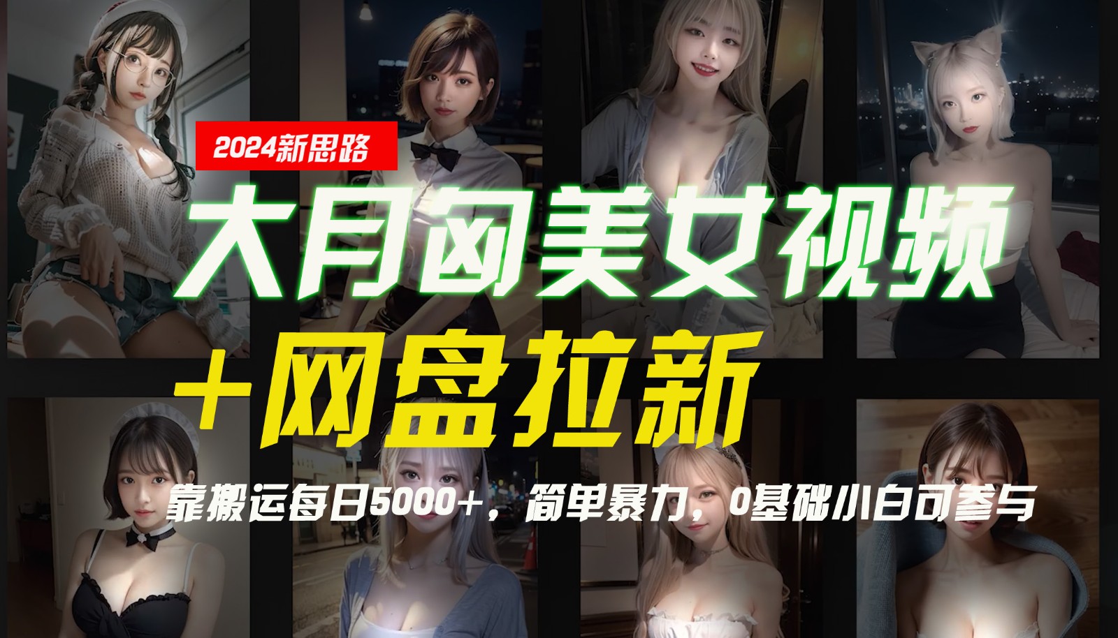 【新思路】大月匈美女视频+网盘拉新，靠搬运每日5000+，简单暴力，0基础小白可参与-来此网赚