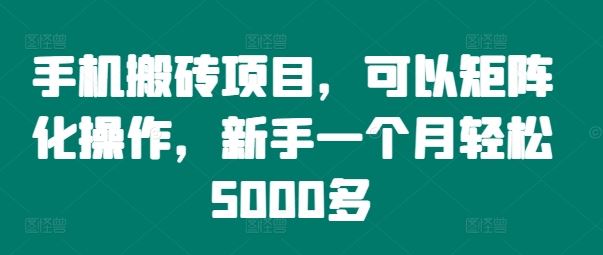 手机搬砖项目，可以矩阵化操作，新手一个月轻松5000多-来此网赚